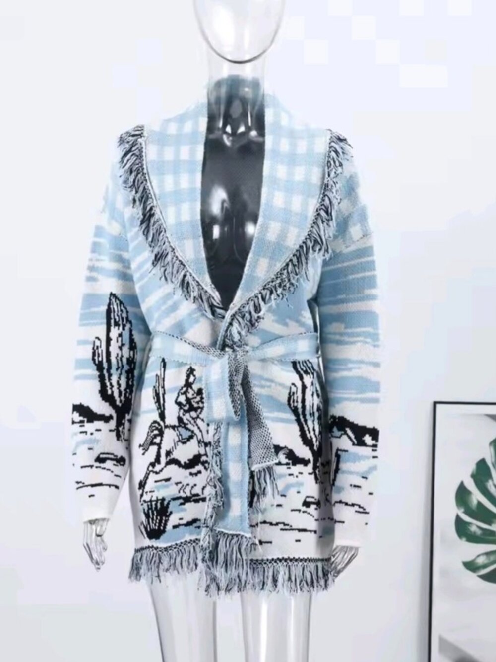 Vintage Jacquard Print Knit Fringe Cardigan Women Lapel Lace Up Loose Long Sleev - Picture 5 of 11